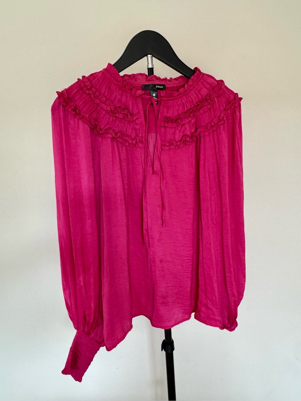 Aqua Hot Pink Ruffle Neck Long-Sleeve Blouse